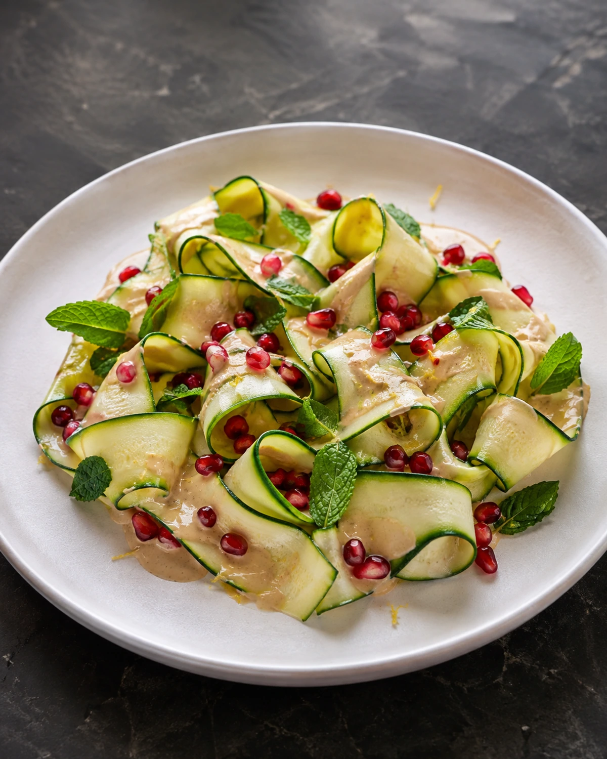Salada de abobrinha em fitas com molho de tahine cítrico e romã