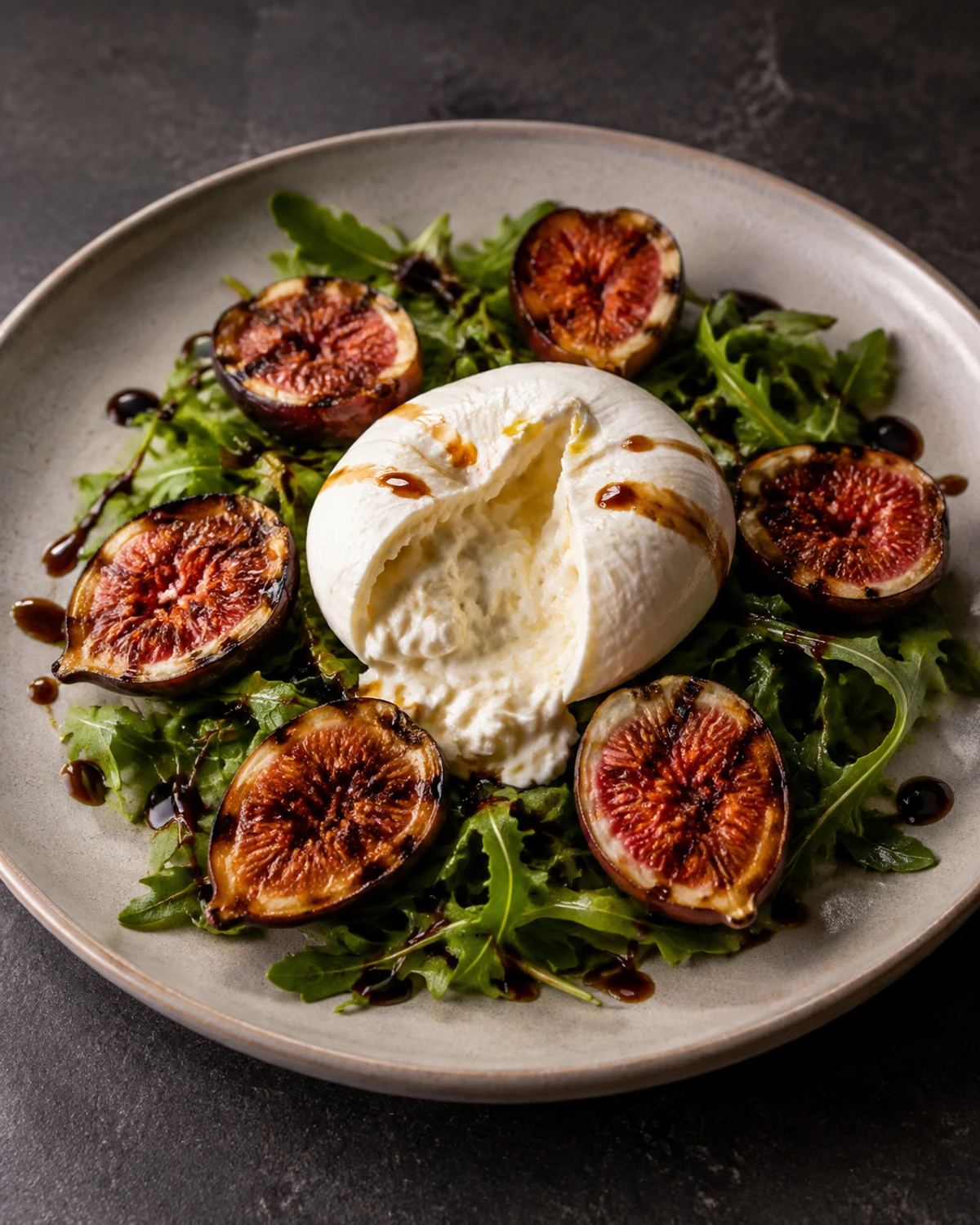 Salada de figos grelhados com burrata cremosa e redução de balsâmico
