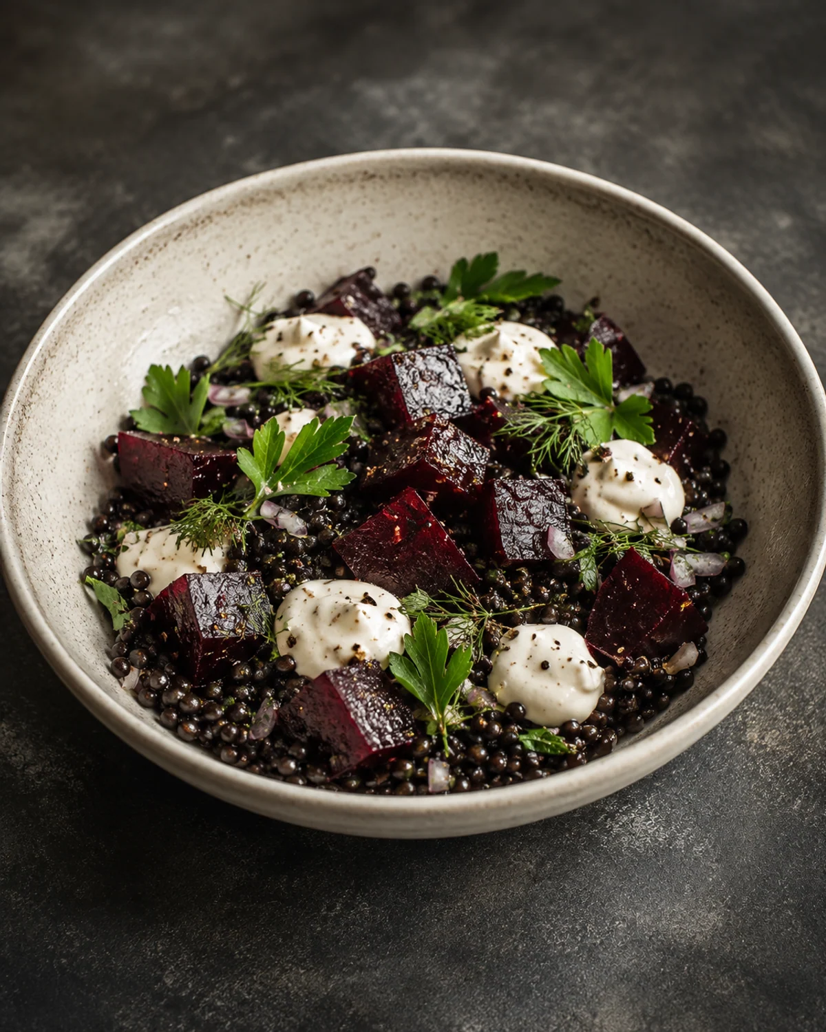 Salada de lentilha beluga com beterraba assada e creme de castanha