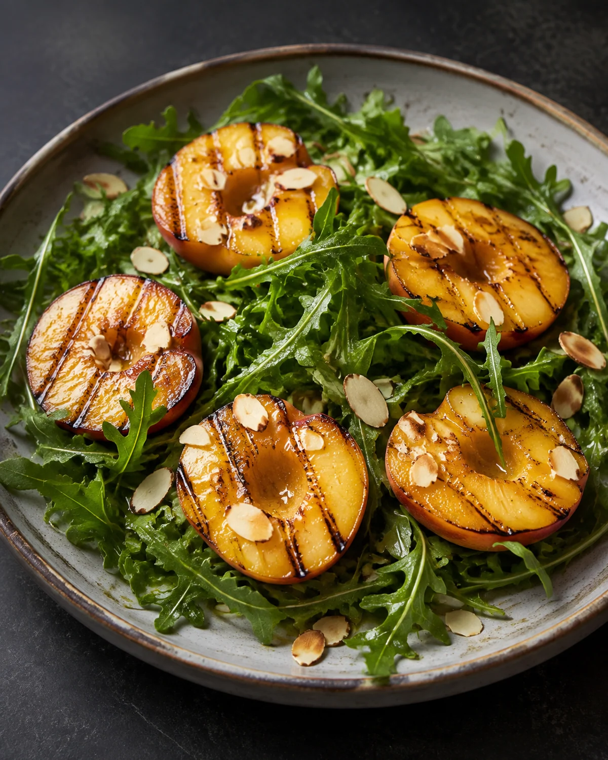 Salada de pêssegos grelhados com rúcula selvagem e lascas de amêndoa