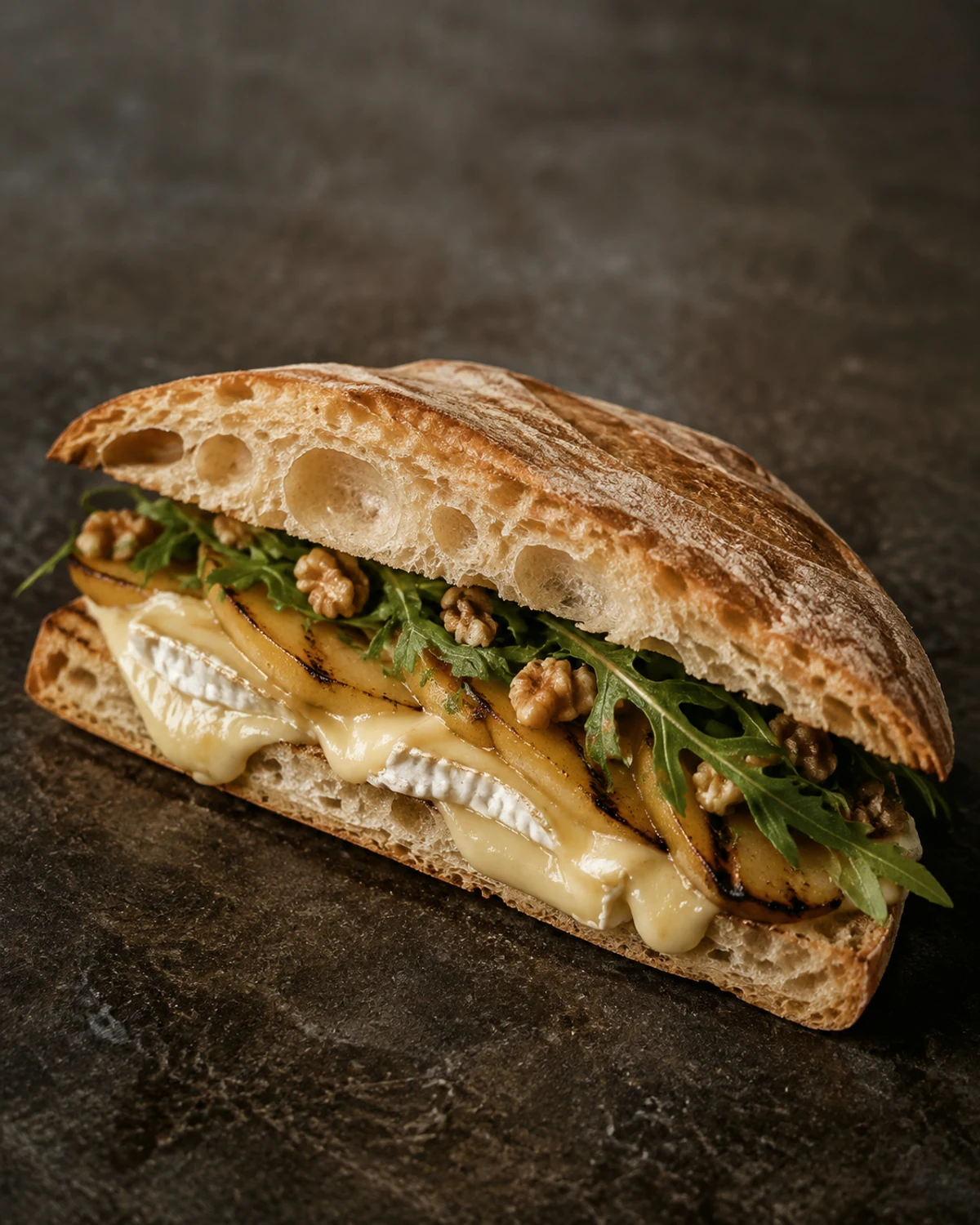 Sanduíche em ciabatta rústica com queijo brie, pera grelhada e nozes tostadas
