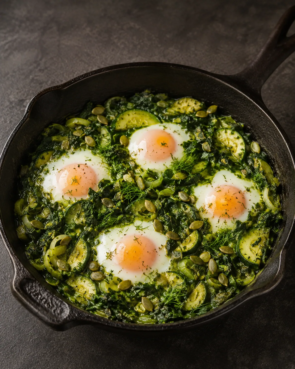 Shakshuka verde com espinafre, abobrinha e ovos pochê