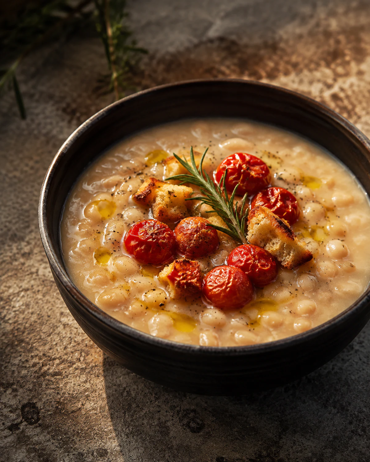 Sopa de feijão-branco, tomate assado e alecrim fresco