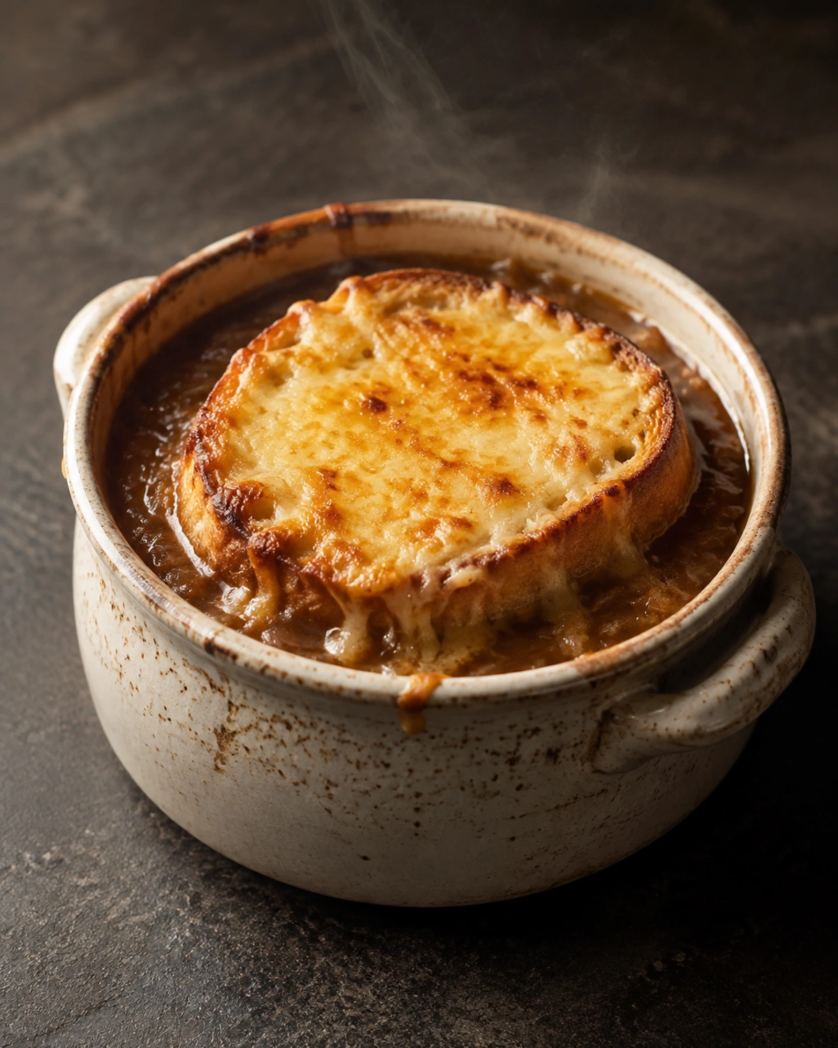 Sopa provençal de cebola caramelizada com torradas e queijo gruyère gratinado