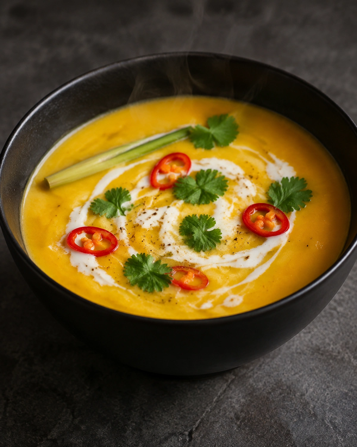 Sopa tailandesa de abóbora com capim limão e leite de coco