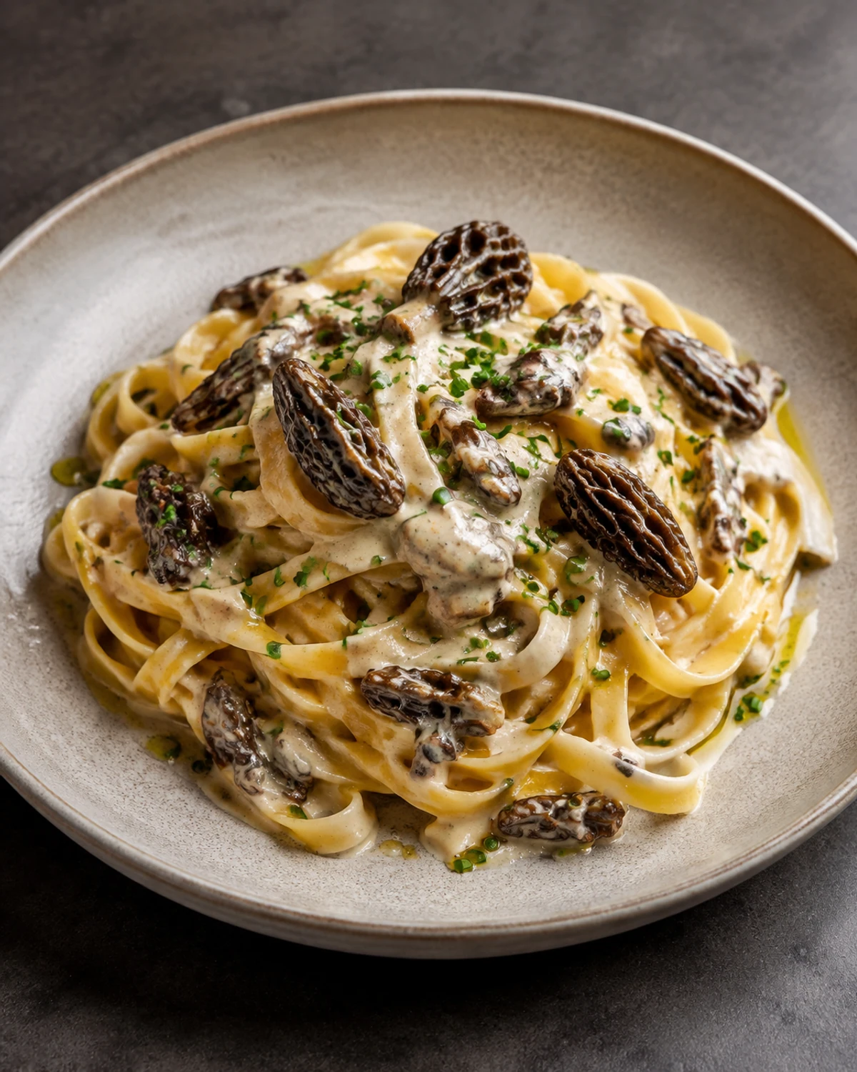 Tagliatelle fresco ao molho cremoso de trufas e cogumelos morel