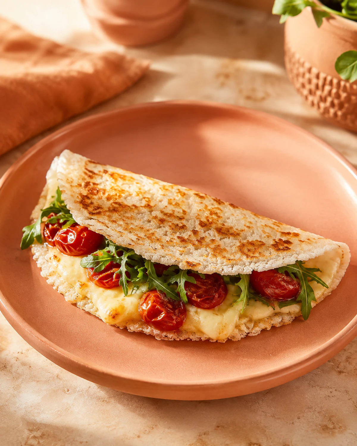 Tapioca crocante com queijo coalho, tomate assado e rúcula