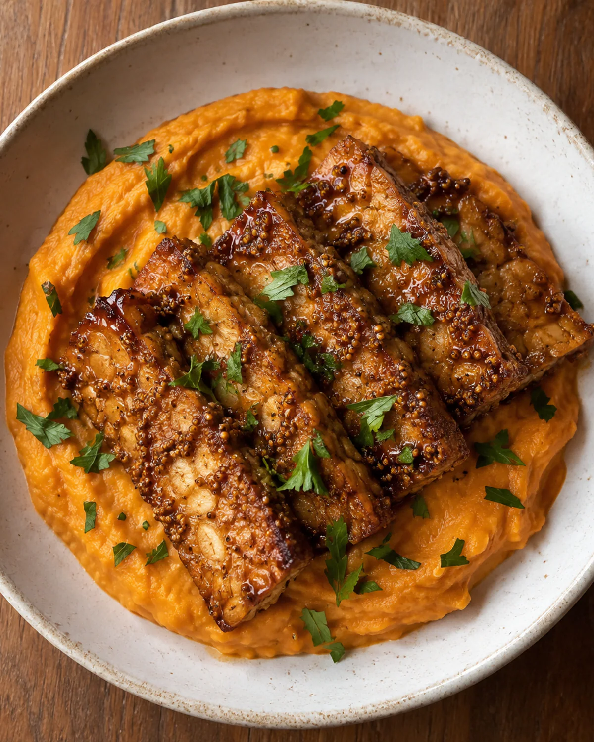 Tempeh assado com crosta de mostarda e purê de batata-doce
