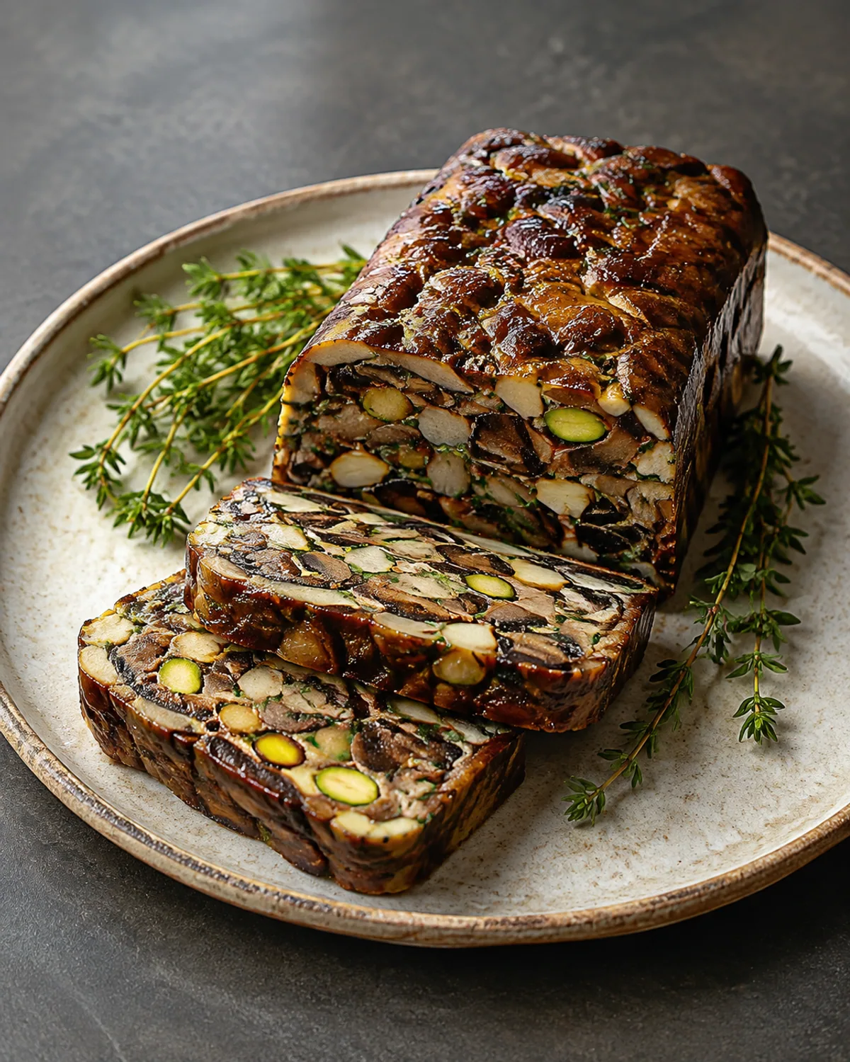 Terrine rústica de cogumelos selvagens com pistache e tomilho