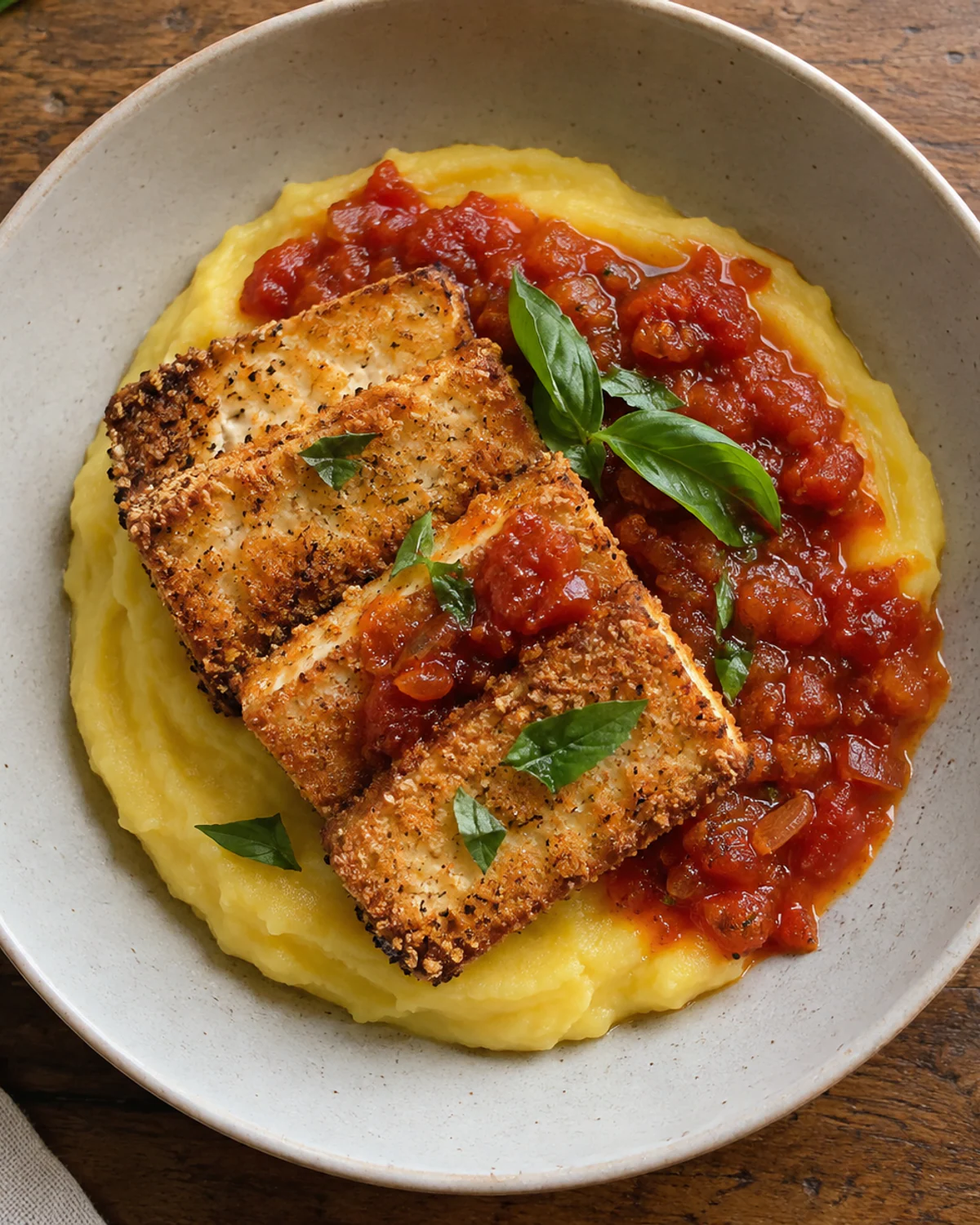Tofu à milanesa com purê de mandioquinha e molho rústico de tomate