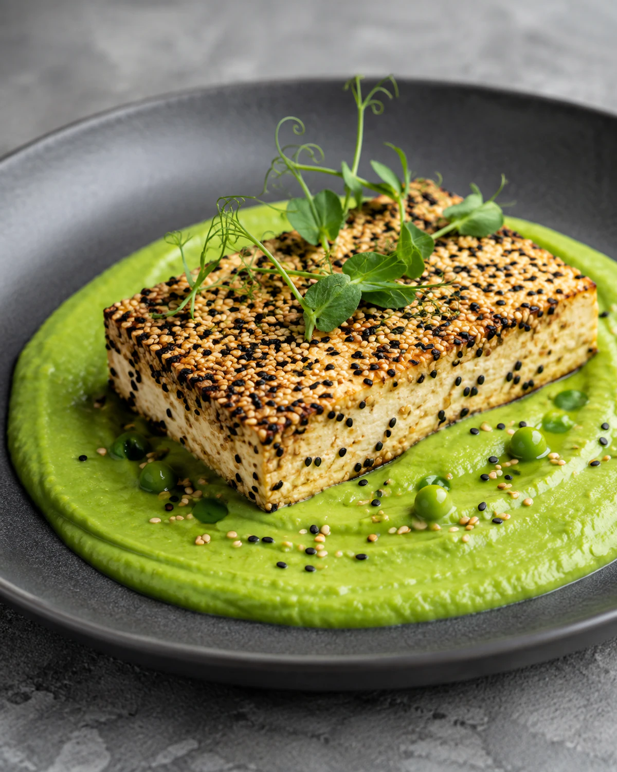 Tofu assado com crosta de gergelim e purê de ervilha