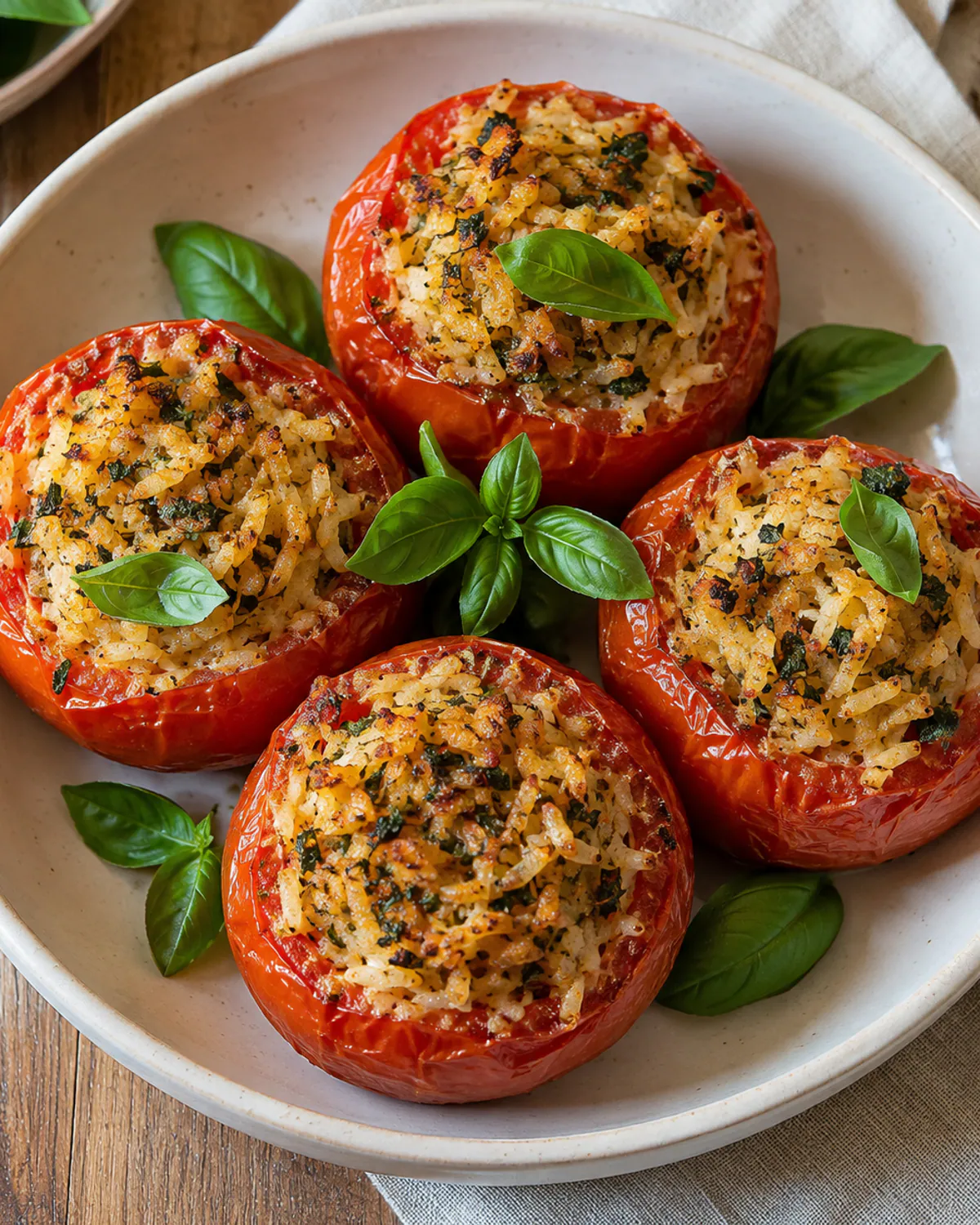 Tomates recheados de arroz e ervas ao forno