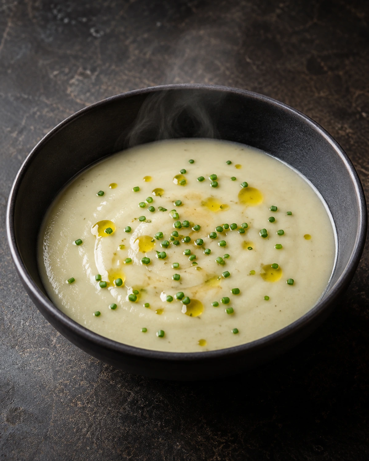 Velouté aveludado de alcachofra com azeite trufado e ciboulette
