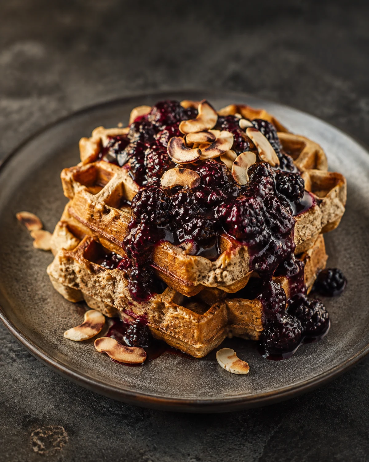 Waffle belga de castanha com compota morna de amoras