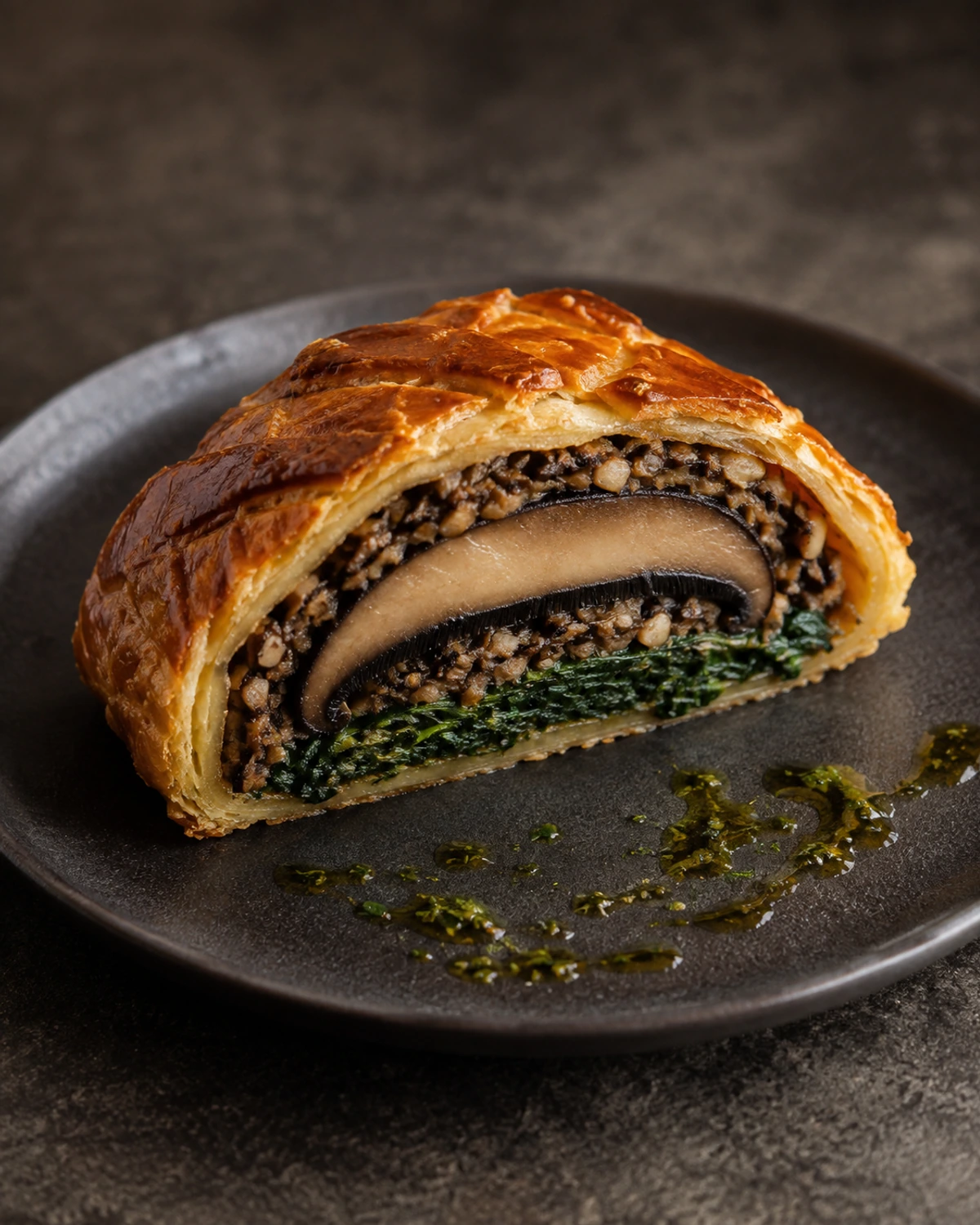 Wellington de cogumelo portobello com duxelles de castanhas e espinafre