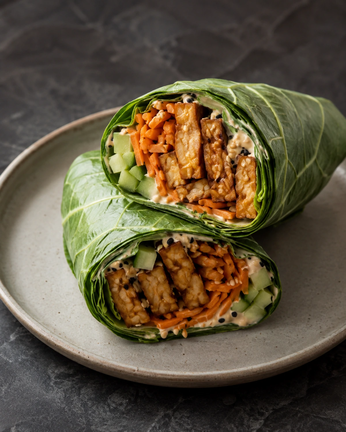 Wrap de folhas verdes com tempê crocante marinado e molho de gergelim
