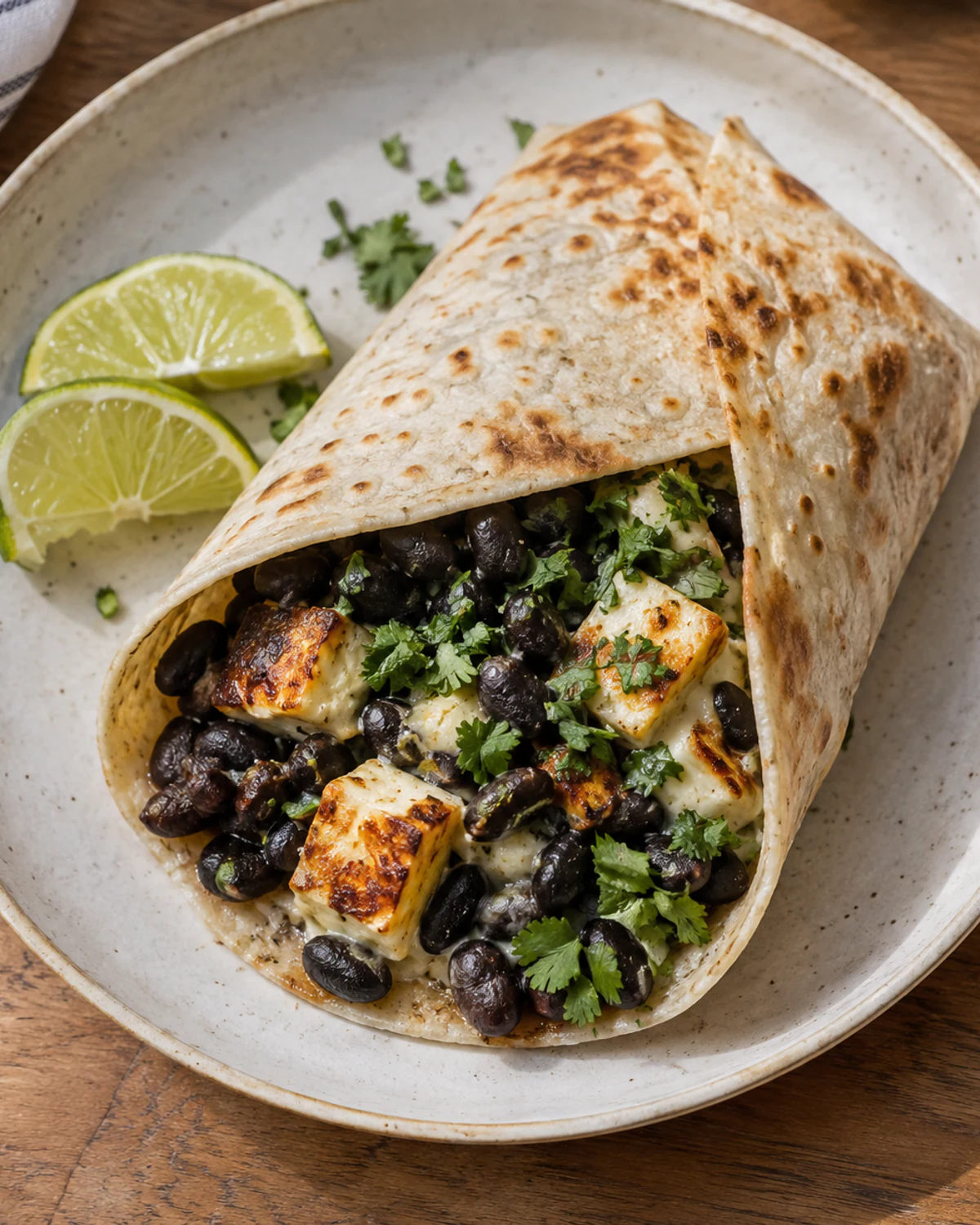 Wrap quente de feijão-preto com queijo coalho, salsa e limão